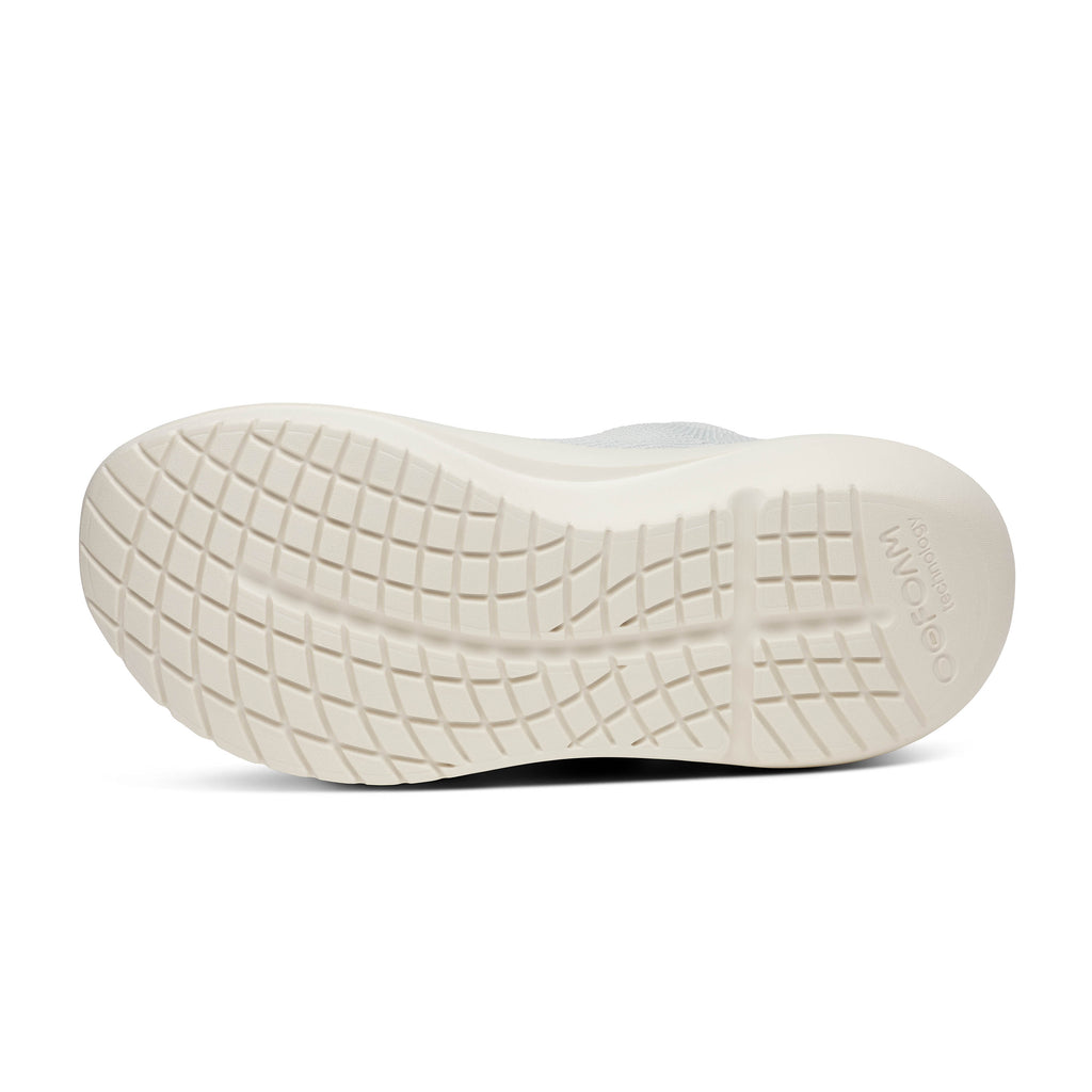 Women's Oofos Oomy Zen. White upper. White midsole. Bottom view.
