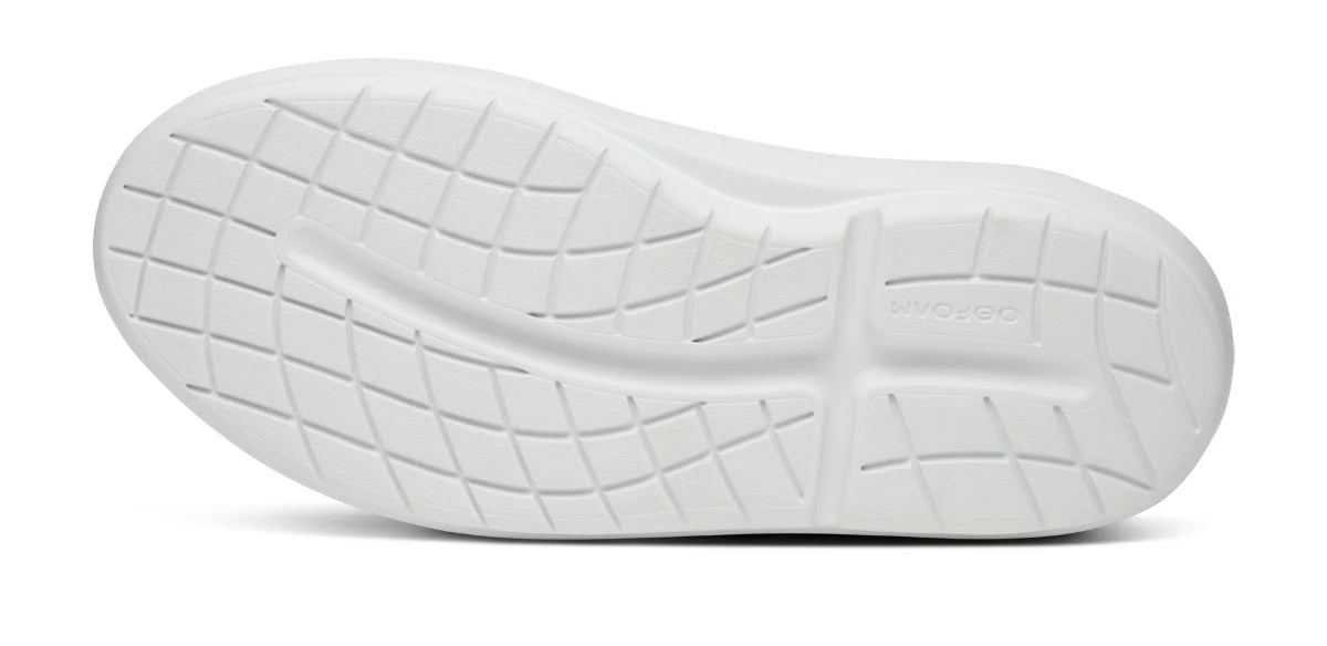 Women's Oofos. Club+. White upper. White midsole. Bottom view.
