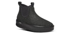 Women's Oofos Londoner Boot. Black upper. Black midsole. Lateral view.