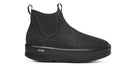 Women's Oofos Londoner Boot. Black upper. Black midsole. Lateral view.