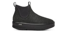Women's Oofos Londoner Boot. Black upper. Black midsole. Lateral view.