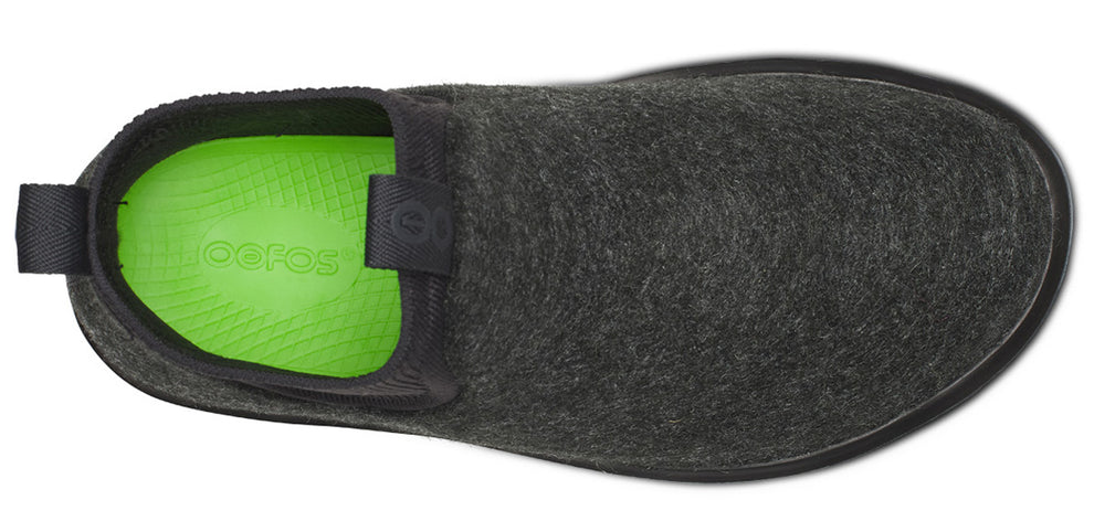 Women's Oofos Londoner Boot. Black upper. Black midsole. Top view.