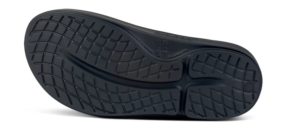Women's Oofos Ooahh Luxe Slide. Blue Strap. Black midsole. Bottom view.