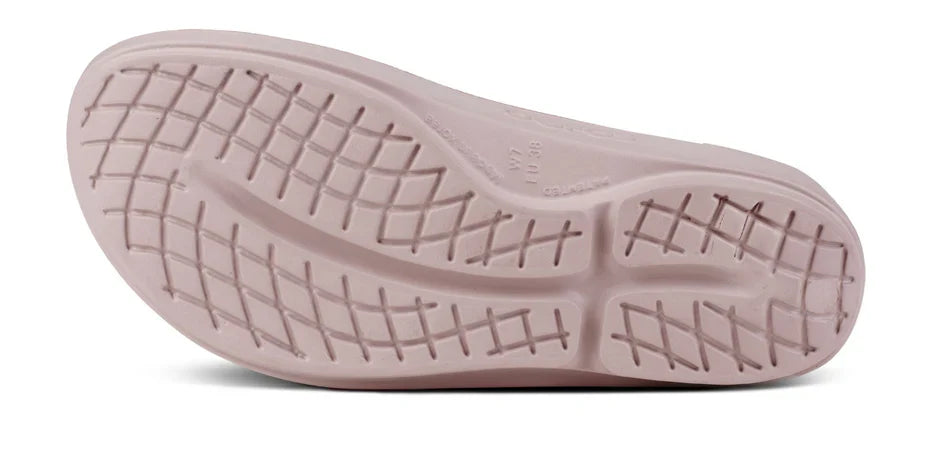 Women's OOFOS OOlala Sandal in Stardust. Pink. Bottom view.