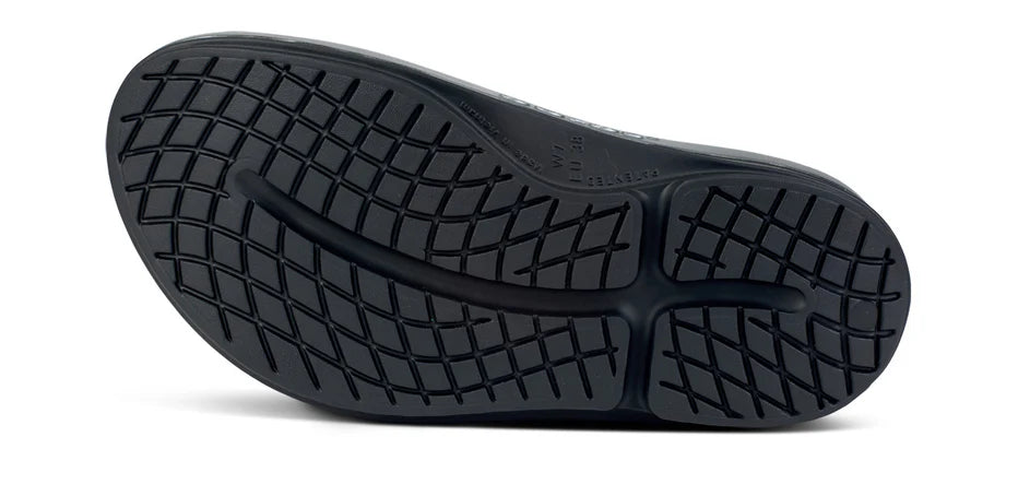 Women's Oofos OOmega Ooahh Sandal. Grey upper. Black midsole. Bottom view.