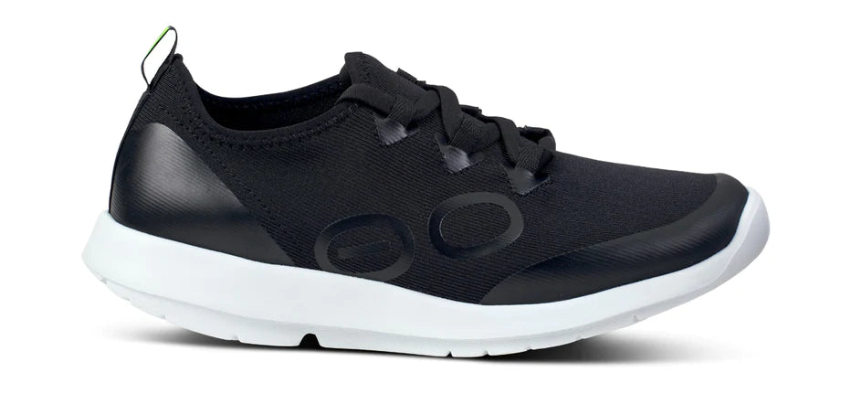 Oofos OOmg Sport LS Shoe. Black upper. White midsole. Lateral view.