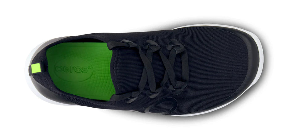 Oofos OOmg Sport LS Shoe. Black upper. White midsole. Top view.