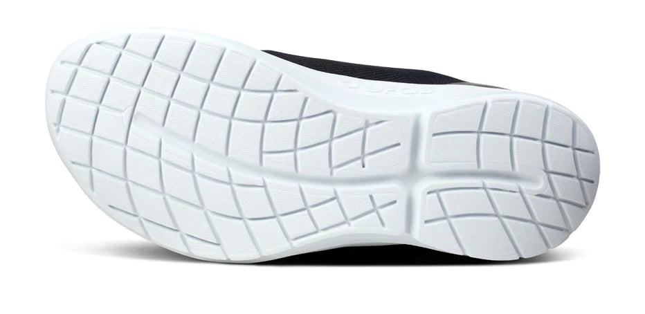 Oofos OOmg Sport LS Shoe. Black upper. White midsole. Bottom view.