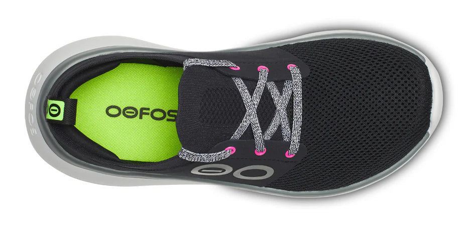 Women's Oofos OOmy Stride. Black upper. White midsole. Top view.