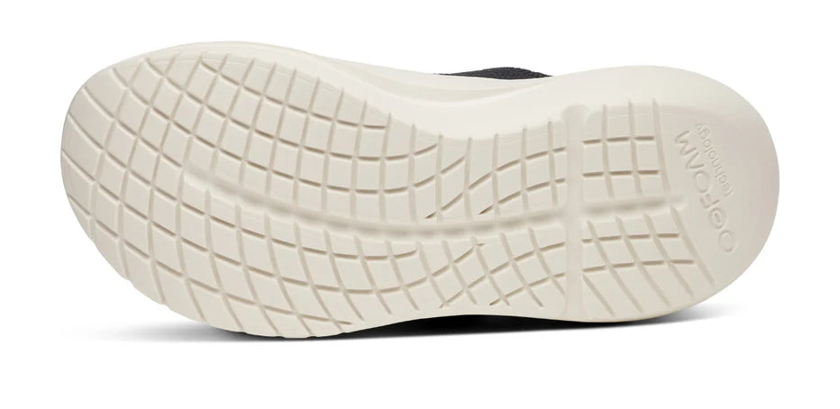 Women's Oofos OOmy Zen. Black upper. White midsole. Bottom view.