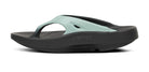 OOFOS OOriginal Sport Sandal in Oasis. Light green upper and black midsole. Medial view.