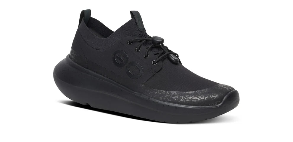 Women's Oofos Roam Ripstop. Black upper. Black midsole. Lateral view.
