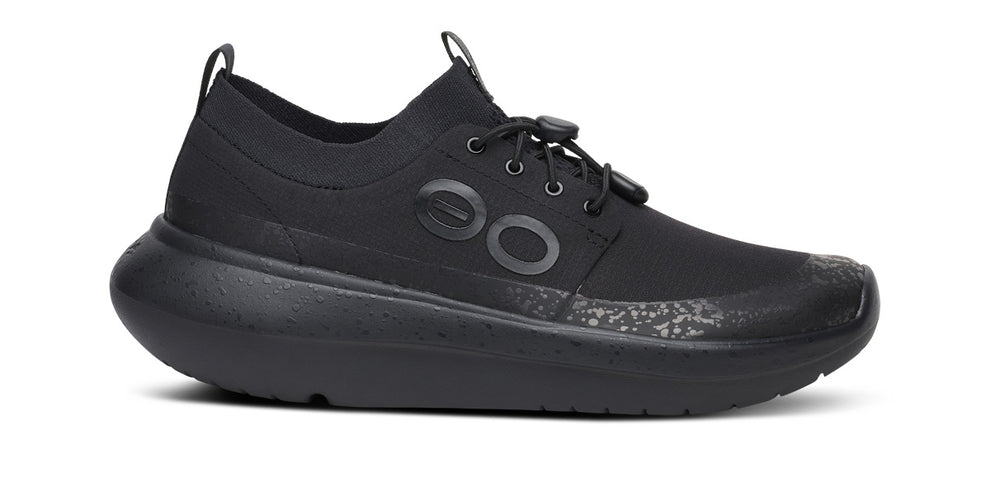 Women's Oofos Roam Ripstop. Black upper. Black midsole. Lateral view.