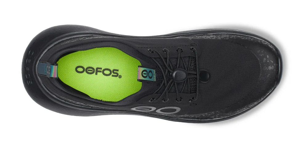 Women's Oofos Roam Ripstop. Black upper. Black midsole. Top view.