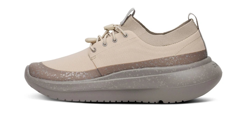 Women's Oofos Roam Ripstop. Tan upper. Grey midsole. Medial view.
