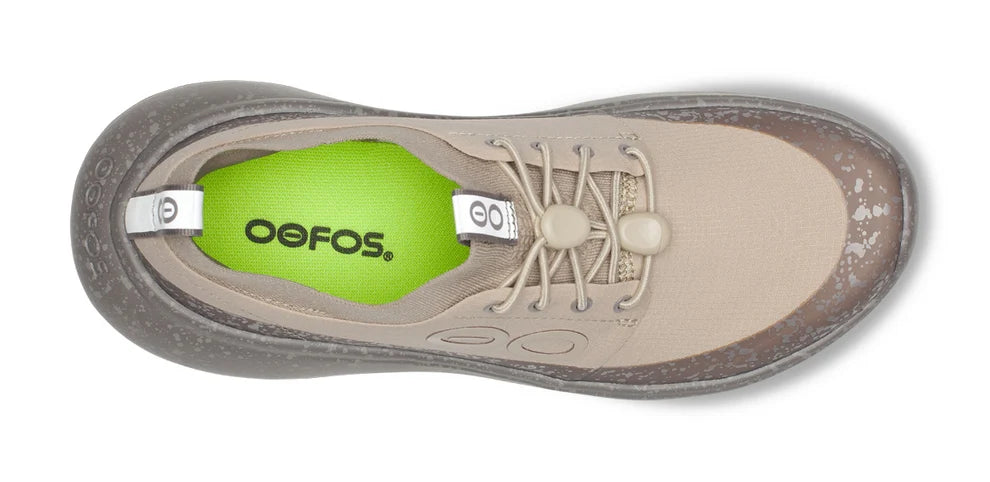 Women's Oofos Roam Ripstop. Tan upper. Grey midsole. Top view.