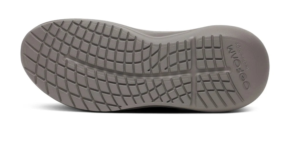 Women's Oofos Roam Ripstop. Tan upper. Grey midsole. Bottom view.