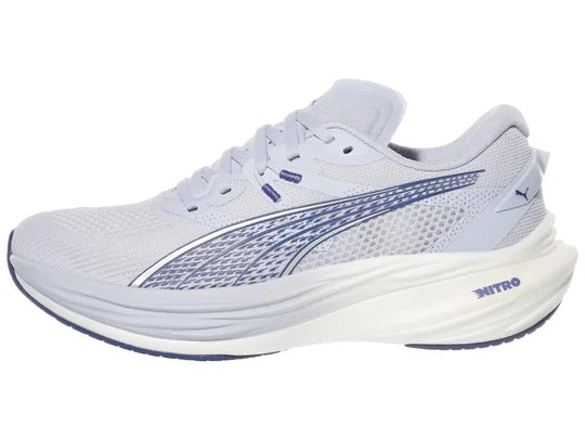 Women's Puma Deviate Nitro 3. Light Blue upper. White midsole. Lateral view.