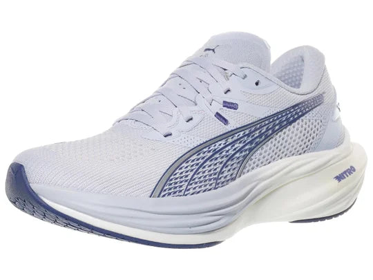 Women's Puma Deviate Nitro 3. Light Blue upper. White midsole. Lateral view.
