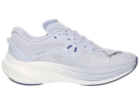 Women's Puma Deviate Nitro 3. Light Blue upper. White midsole. Medial view.