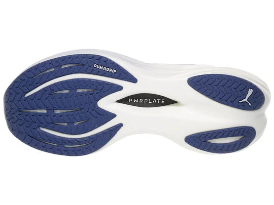 Women's Puma Deviate Nitro 3. Light Blue upper. White midsole. Bottom view.