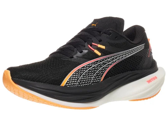 Women's Puma Deviate Nitro 3. Black upper. Black/White midsole. Lateral view.