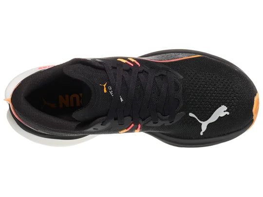 Women's Puma Deviate Nitro 3. Black upper. Black/White midsole. Top view.