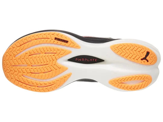 Women's Puma Deviate Nitro 3. Black upper. Black/White midsole. Bottom view.