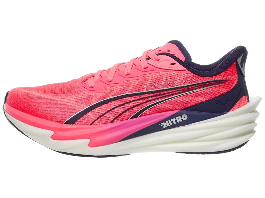 Women's Puma Deviate Nitro 4 Hyrox. Pink upper. Pink/White midsole. Lateral view.