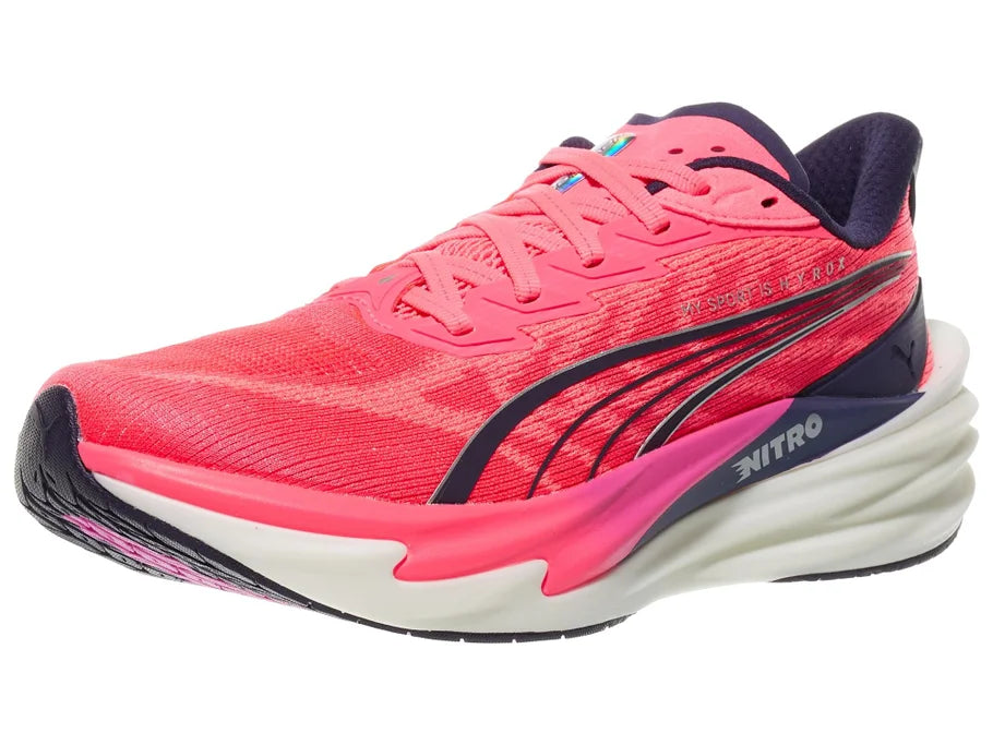 Women's Puma Deviate Nitro 4 Hyrox. Pink upper. Pink/White midsole. Lateral view.