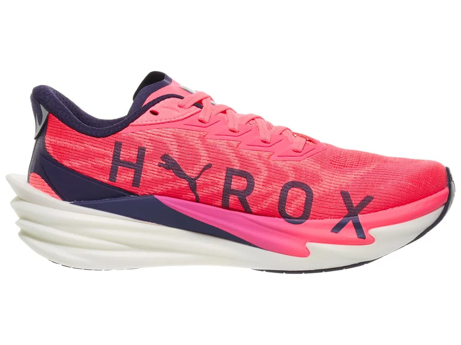 Women's Puma Deviate Nitro 4 Hyrox. Pink upper. Pink/White midsole. Medial view.