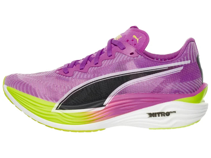 Women's Puma Deviate Nitro Elite 3. Purple upper. Yellow/Purple/White midsole. Lateral view.