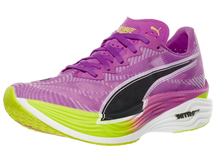 Women's Puma Deviate Nitro Elite 3. Purple upper. Yellow/Purple/White midsole. Lateral view.