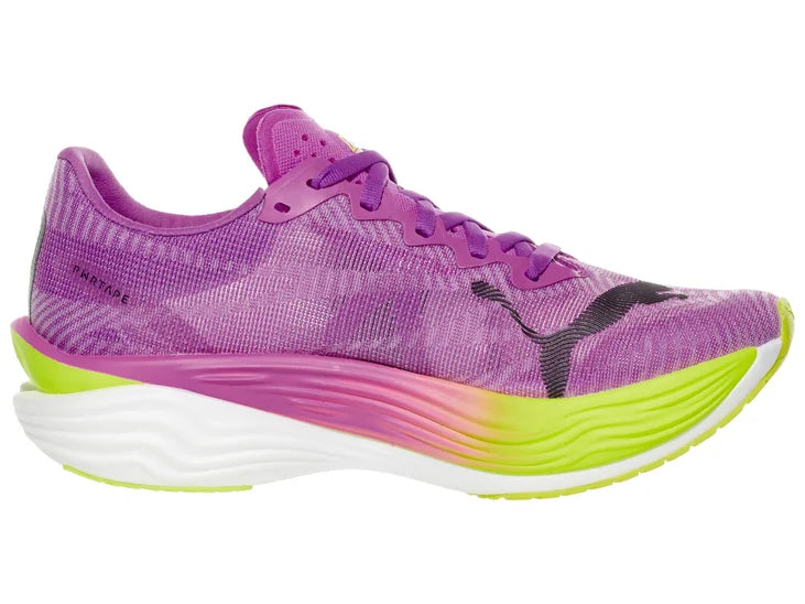 Women's Puma Deviate Nitro Elite 3. Purple upper. Yellow/Purple/White midsole. Medial view.