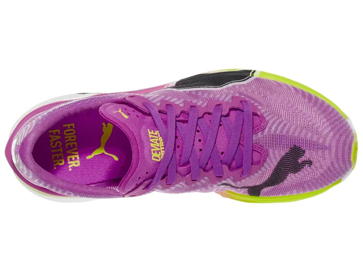 Women's Puma Deviate Nitro Elite 3. Purple upper. Yellow/Purple/White midsole. Top view.