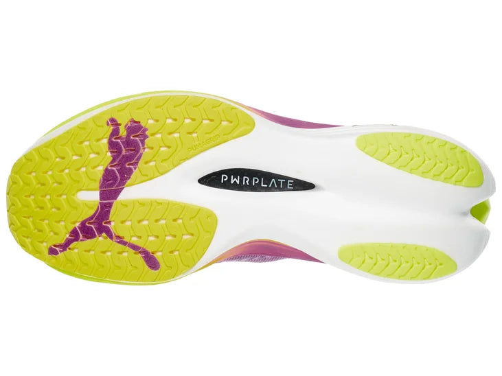 Women's Puma Deviate Nitro Elite 3. Purple upper. Yellow/Purple/White midsole. Bottom view.