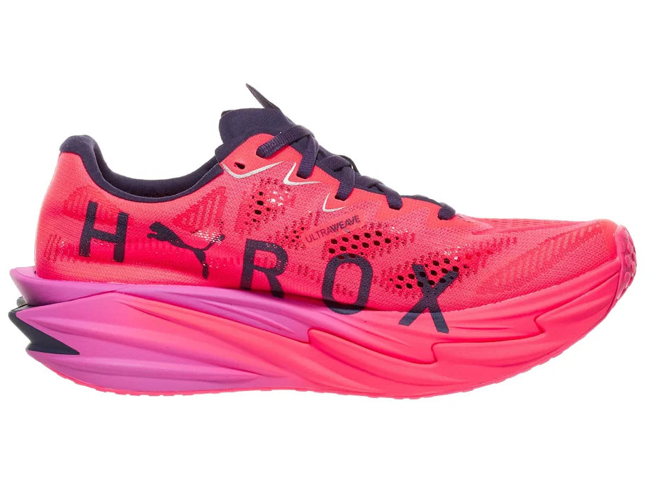 Women's Puma Deviate Nitro Elite 4 Hyrox. Pink upper. Pink midsole. Medial view.
