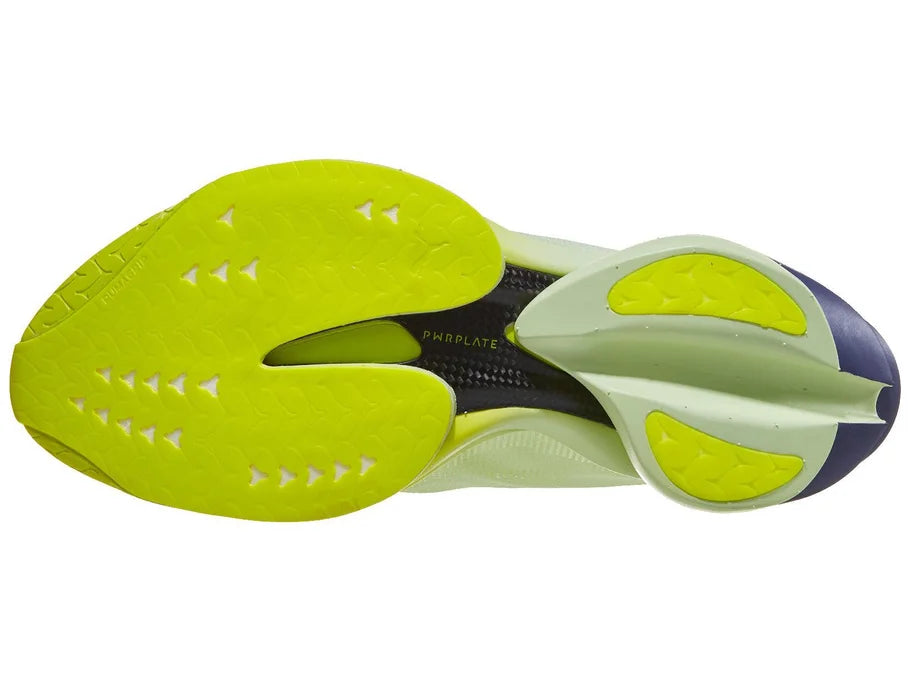 Women's Puma Fast-R Nitro Elite 3. Green upper. Yellow/Green midsole. Bottom view.