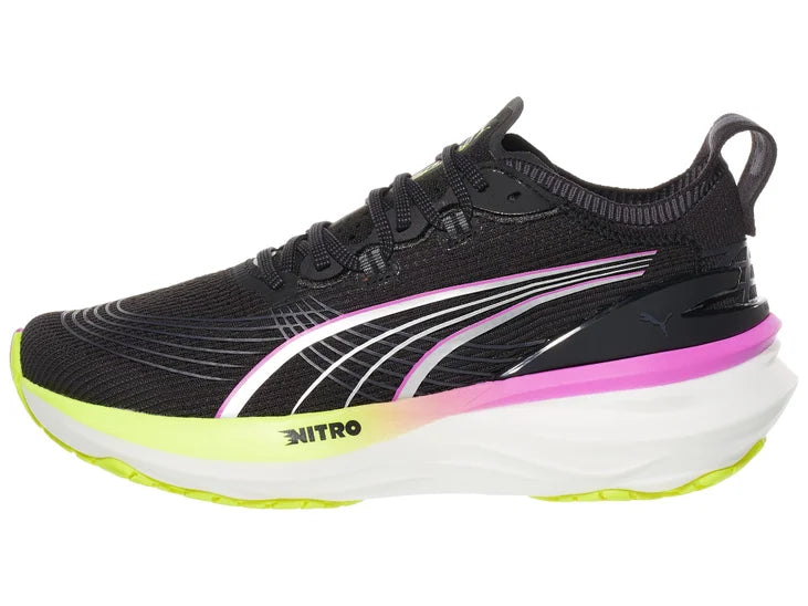 Women's Puma ForeverRun Nitro 2. Black upper. Yellow/Purple/White midsole. Lateral view.