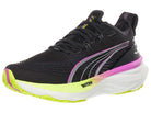 Women's Puma ForeverRun Nitro 2. Black upper. Yellow/Purple/White midsole. Lateral view.