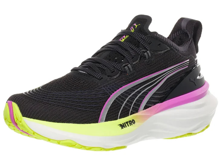 Women's Puma ForeverRun Nitro 2. Black upper. Yellow/Purple/White midsole. Lateral view.