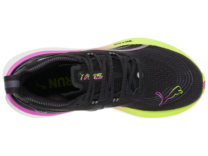 Women's Puma ForeverRun Nitro 2. Black upper. Yellow/Purple/White midsole. Top view.