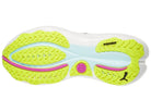 Women's Puma ForeverRun Nitro 2. Black upper. Yellow/Purple/White midsole. Bottom view.