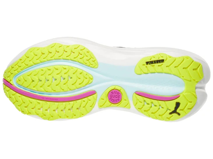 Women's Puma ForeverRun Nitro 2. Black upper. Yellow/Purple/White midsole. Bottom view.