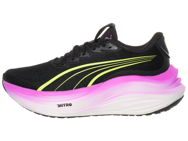 Women's Puma MagMax Nitro. Black upper. White/Purple midsole. Lateral view.
