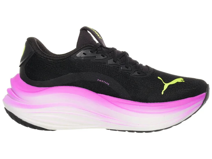 Women's Puma MagMax Nitro. Black upper. White/Purple midsole. Medial view.