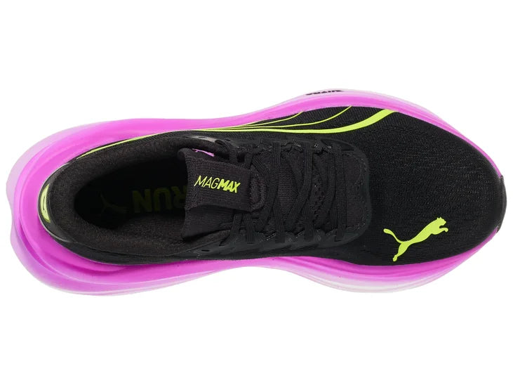 Women's Puma MagMax Nitro. Black upper. White/Purple midsole. Top view.