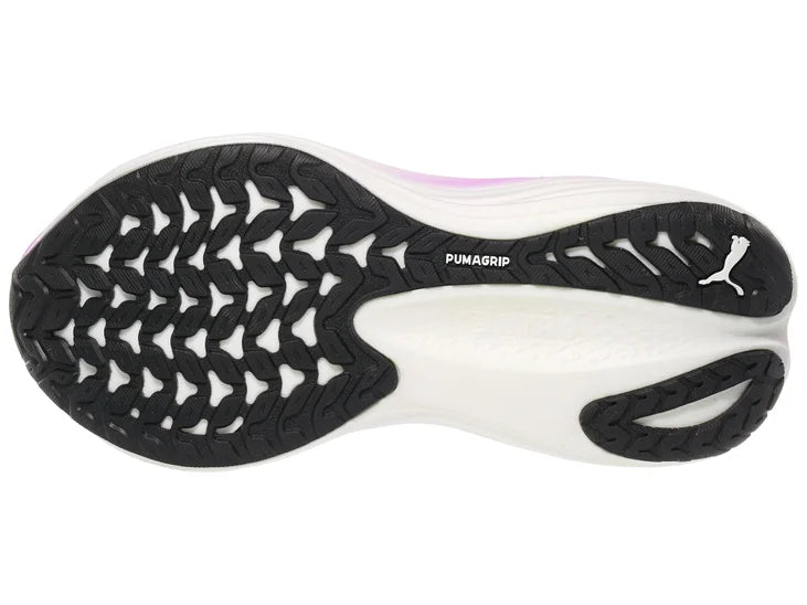 Women's Puma MagMax Nitro. Black upper. White/Purple midsole. Bottom view.