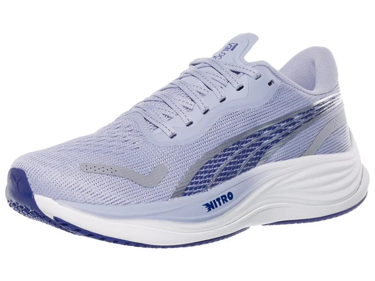 Women's Puma Velocity Nitro 3. Light Blue upper. White midsole. Lateral view.