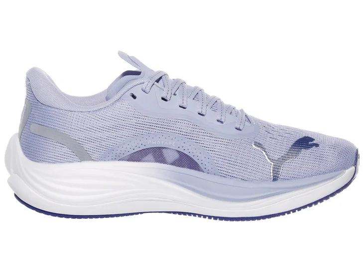 Women's Puma Velocity Nitro 3. Light Blue upper. White midsole. Medial view.